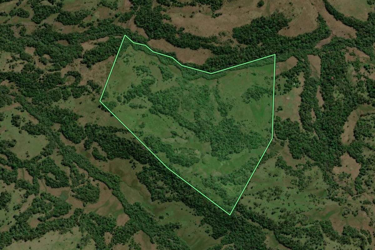 Imagem de satélite do imóvel rural em Bossoroca (RS), com o contorno declarado no CAR desenhado por cima.