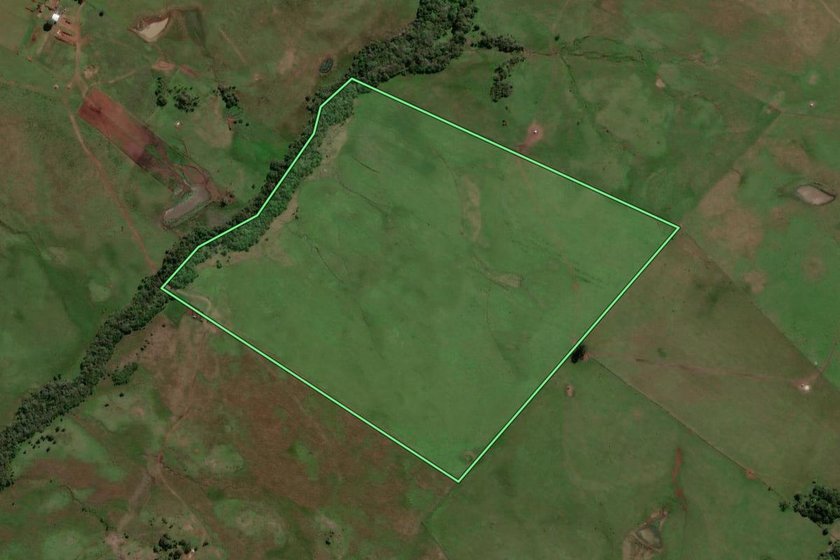 Imagem de satélite do imóvel rural em Bossoroca (RS), com o contorno declarado no CAR desenhado por cima.