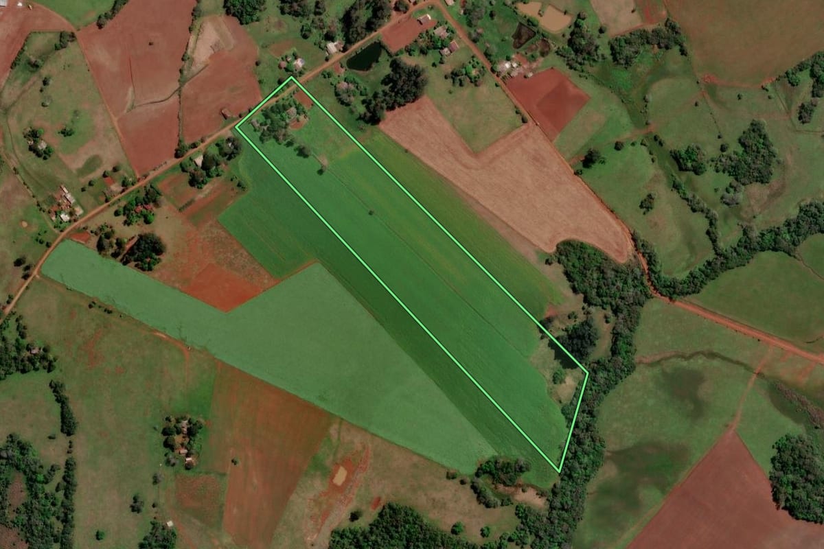 Imagem de satélite do imóvel rural em Bossoroca (RS), com o contorno declarado no CAR desenhado por cima.
