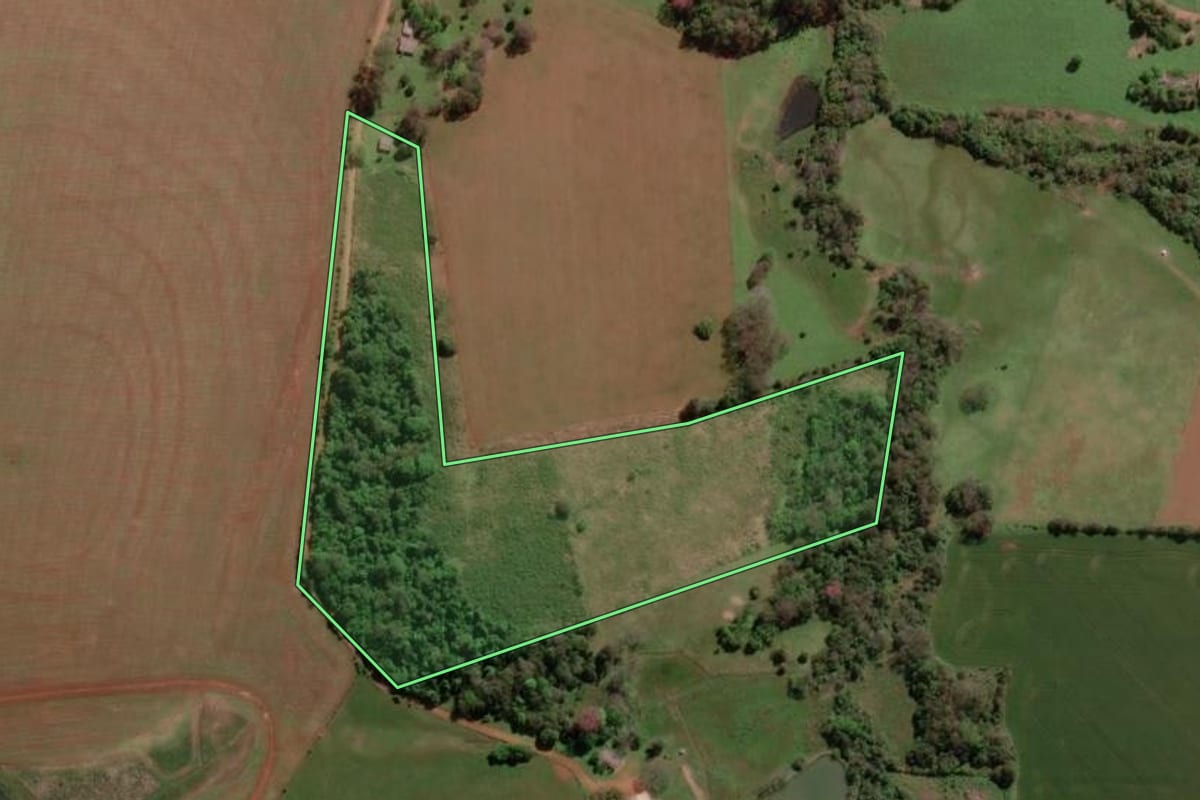 Imagem de satélite do imóvel rural em Bossoroca (RS), com o contorno declarado no CAR desenhado por cima.