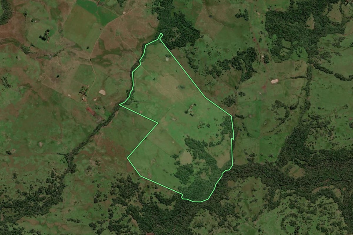 Imagem de satélite do imóvel rural em Bossoroca (RS), com o contorno declarado no CAR desenhado por cima.