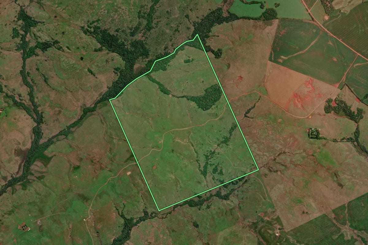 Imagem de satélite do imóvel rural em Bossoroca (RS), com o contorno declarado no CAR desenhado por cima.