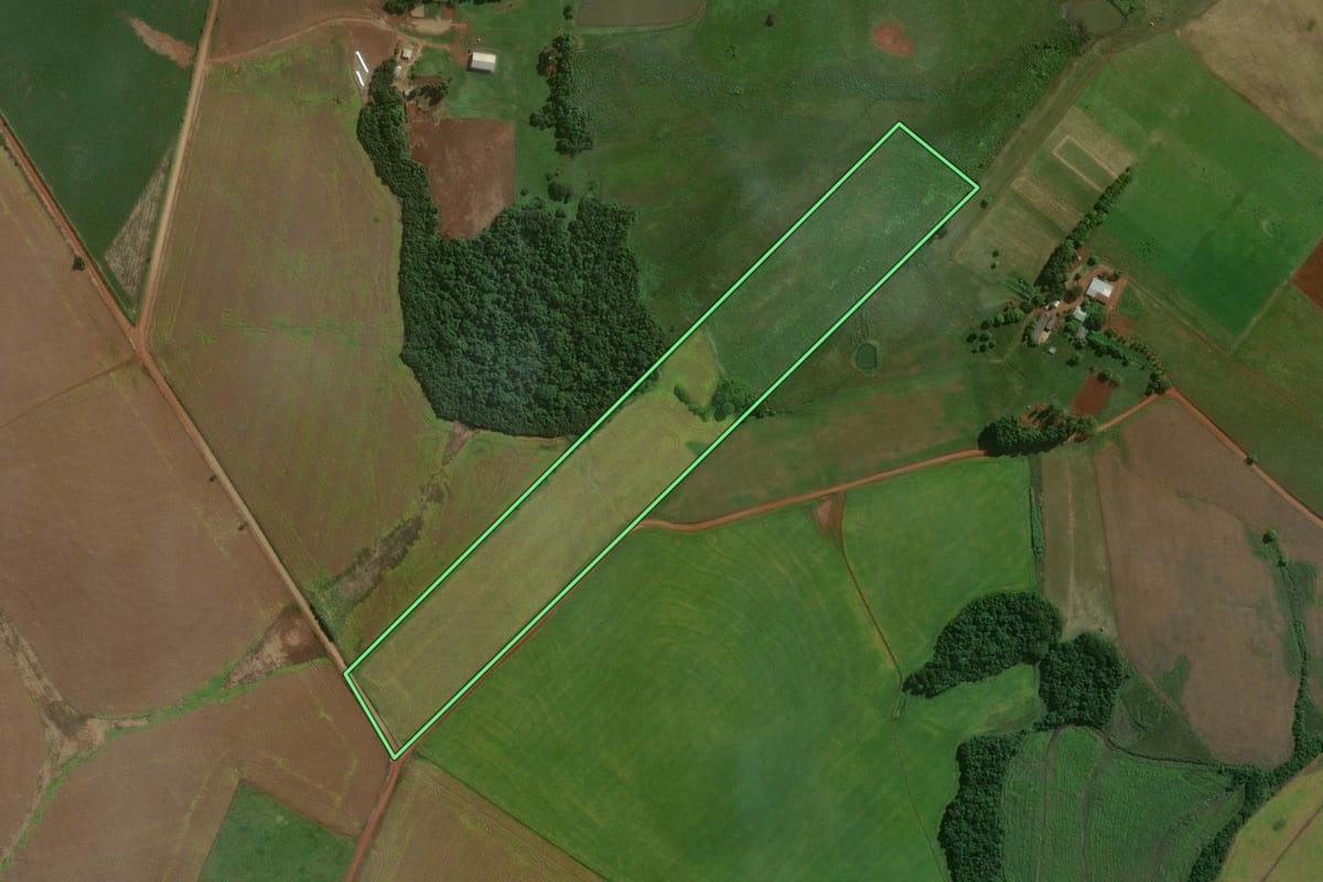 Imagem de satélite do imóvel rural em Bossoroca (RS), com o contorno declarado no CAR desenhado por cima.