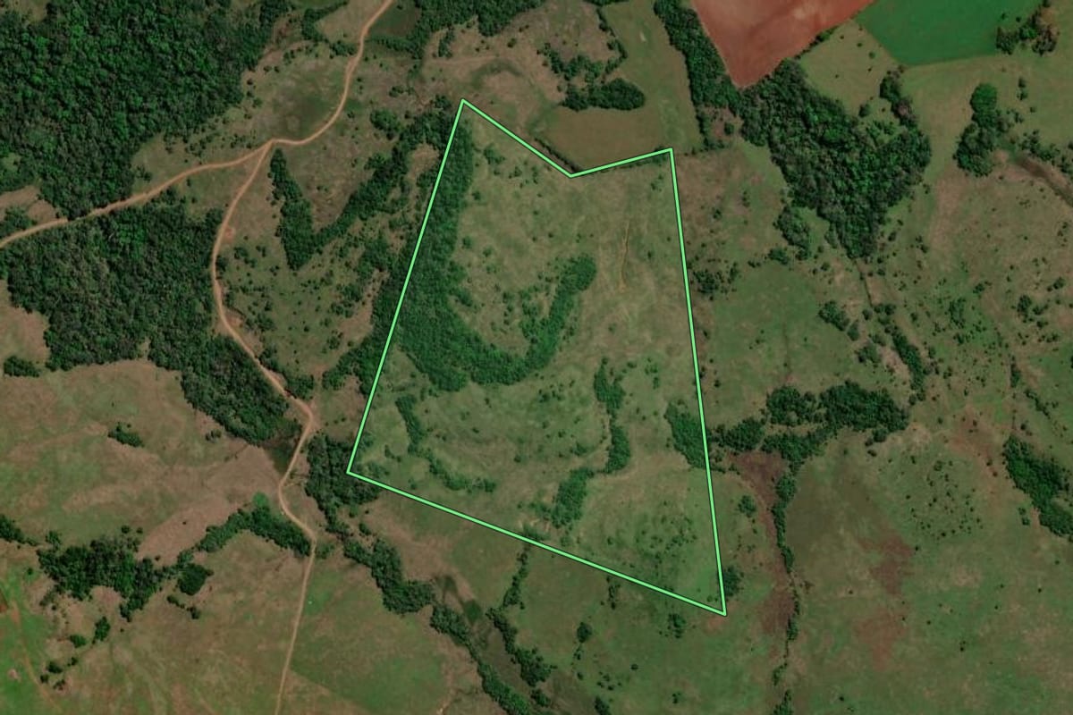Imagem de satélite do imóvel rural em Bossoroca (RS), com o contorno declarado no CAR desenhado por cima.