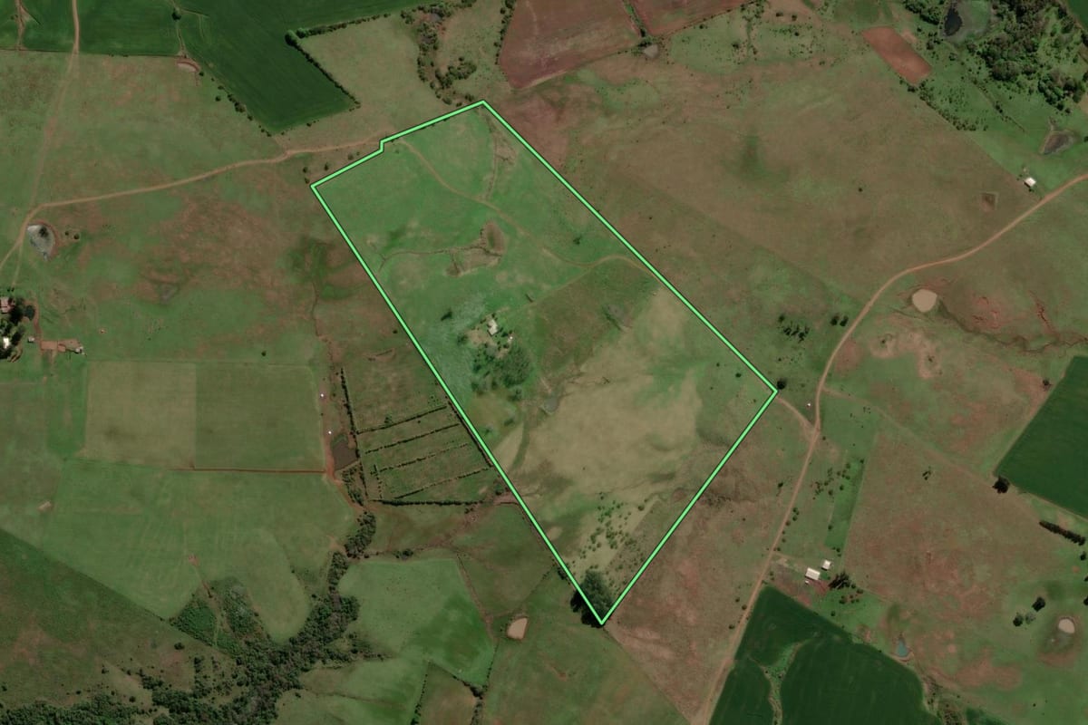 Imagem de satélite do imóvel rural em Bossoroca (RS), com o contorno declarado no CAR desenhado por cima.