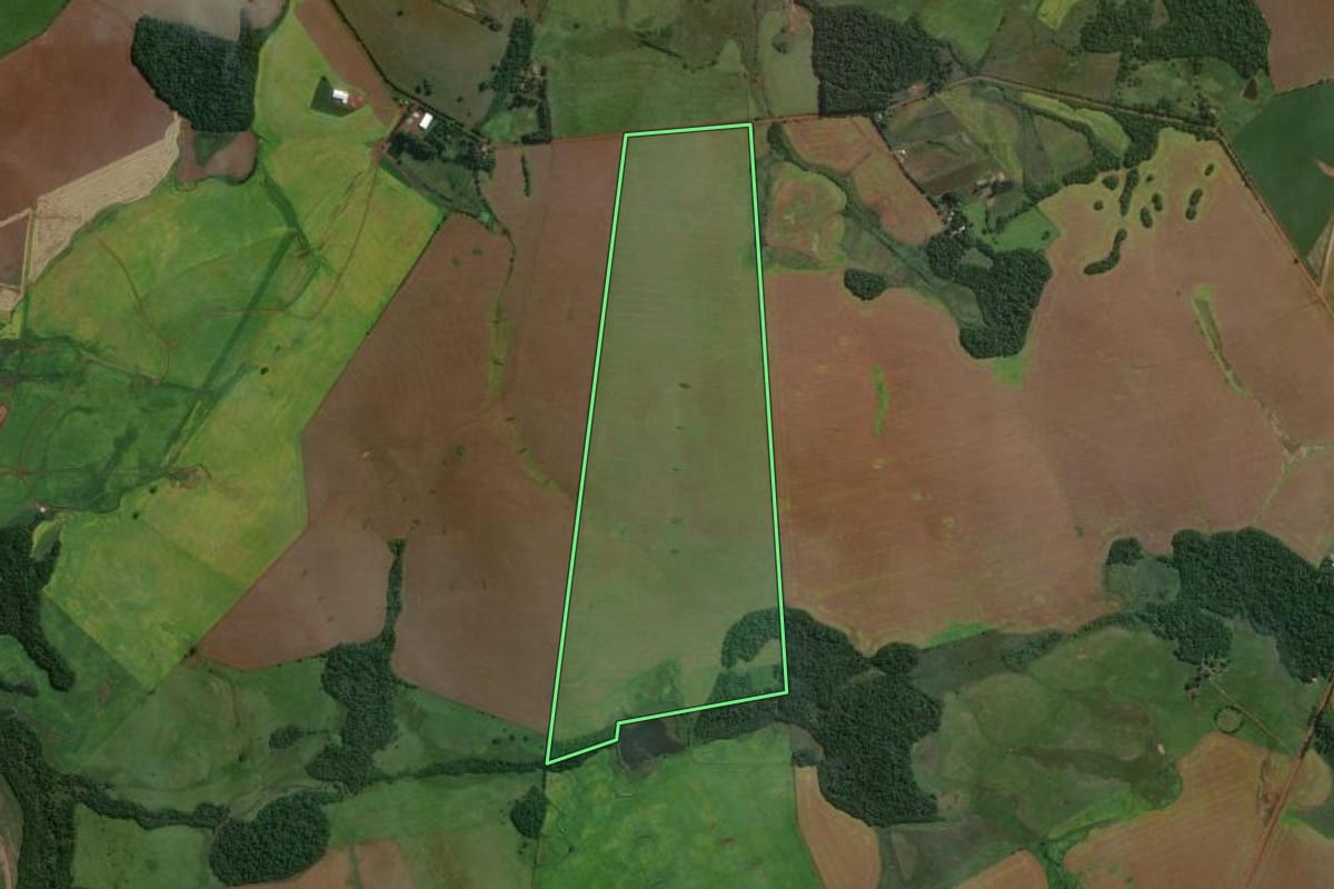 Imagem de satélite do imóvel rural em Bossoroca (RS), com o contorno declarado no CAR desenhado por cima.
