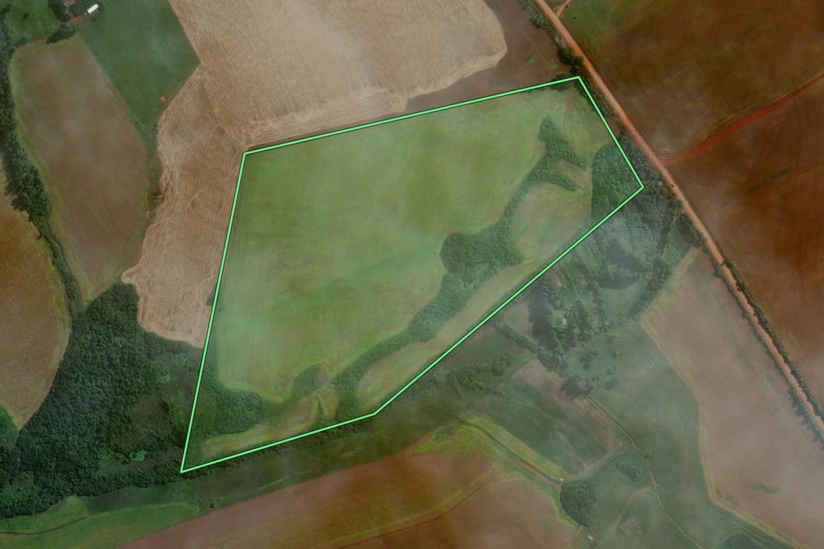 Imagem de satélite do imóvel rural em Bossoroca (RS), com o contorno declarado no CAR desenhado por cima.