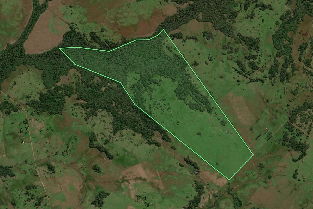 Imagem de satélite do imóvel rural em Bossoroca (RS), com o contorno declarado no CAR desenhado por cima.