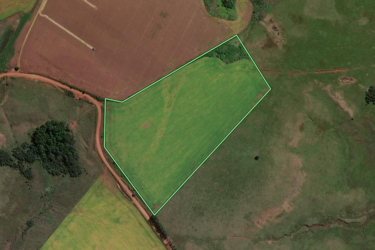 Imagem de satélite do imóvel rural em Bossoroca (RS), com o contorno declarado no CAR desenhado por cima.