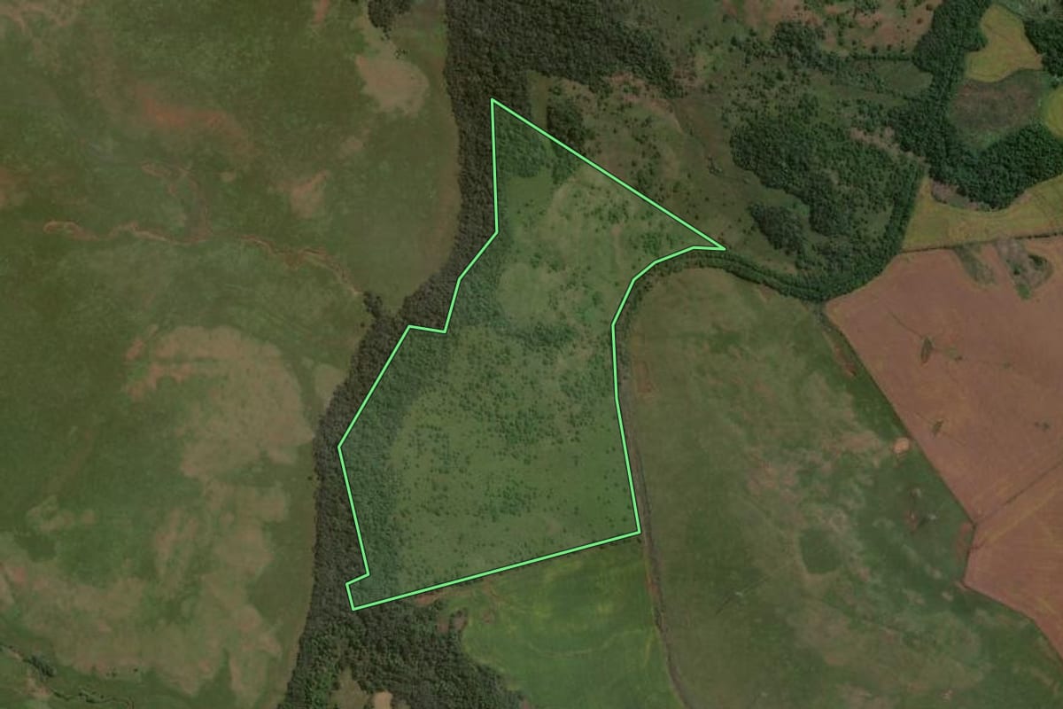 Imagem de satélite do imóvel rural em Bossoroca (RS), com o contorno declarado no CAR desenhado por cima.