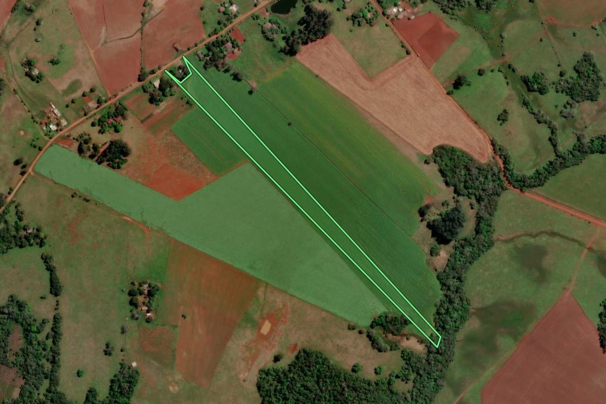 Imagem de satélite do imóvel rural em Bossoroca (RS), com o contorno declarado no CAR desenhado por cima.