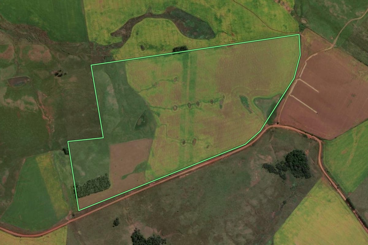 Imagem de satélite do imóvel rural em Bossoroca (RS), com o contorno declarado no CAR desenhado por cima.