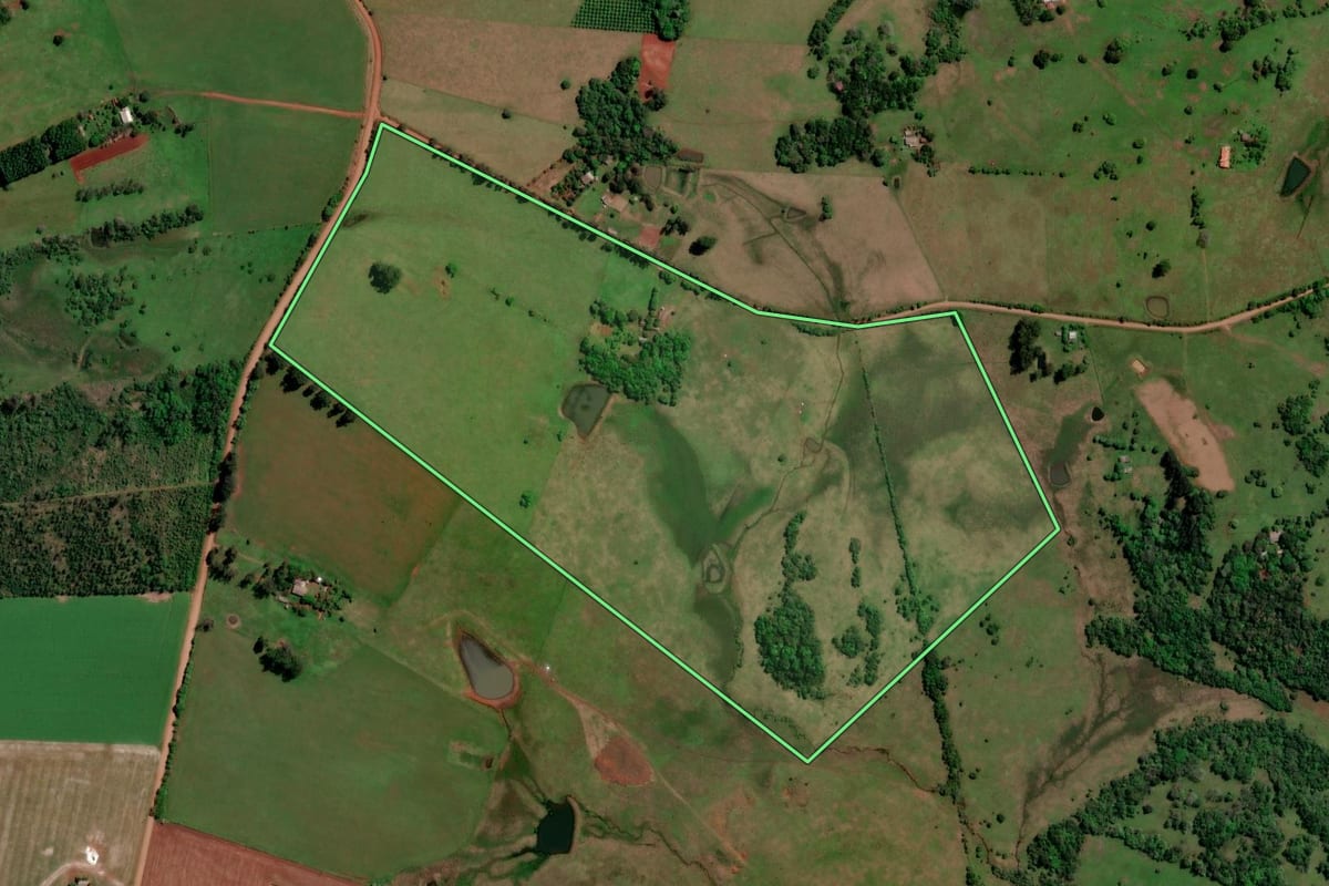 Imagem de satélite do imóvel rural em Bossoroca (RS), com o contorno declarado no CAR desenhado por cima.