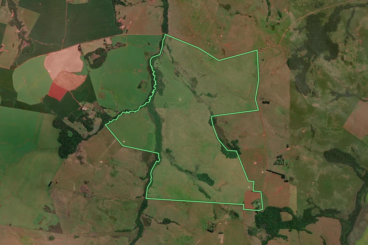 Imagem de satélite do imóvel rural em Bossoroca (RS), com o contorno declarado no CAR desenhado por cima.
