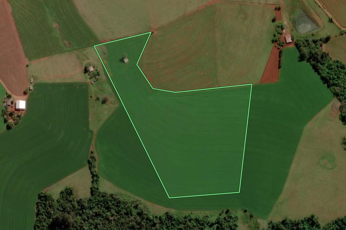 Imagem de satélite do imóvel rural em Bossoroca (RS), com o contorno declarado no CAR desenhado por cima.
