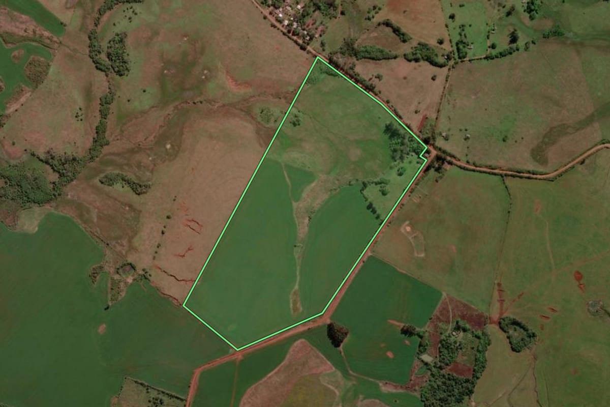 Imagem de satélite do imóvel rural em Bossoroca (RS), com o contorno declarado no CAR desenhado por cima.