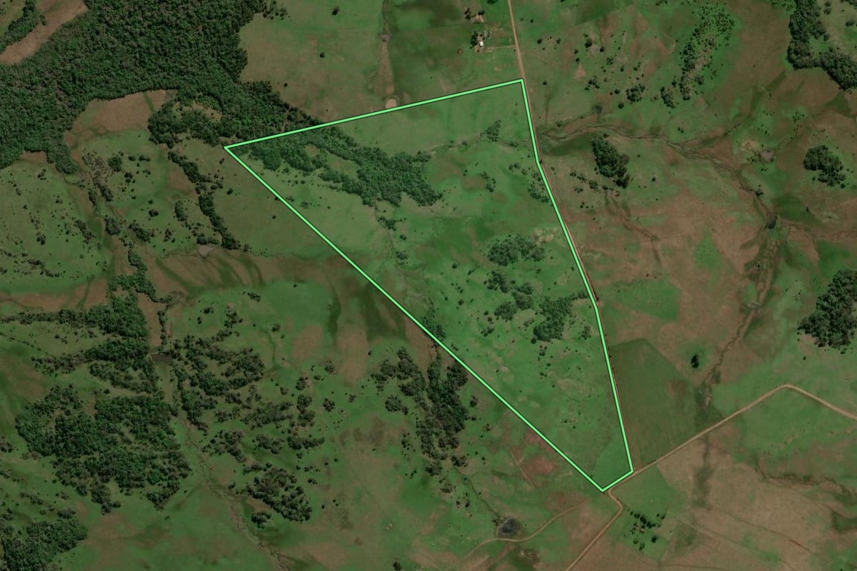 Imagem de satélite do imóvel rural em Bossoroca (RS), com o contorno declarado no CAR desenhado por cima.