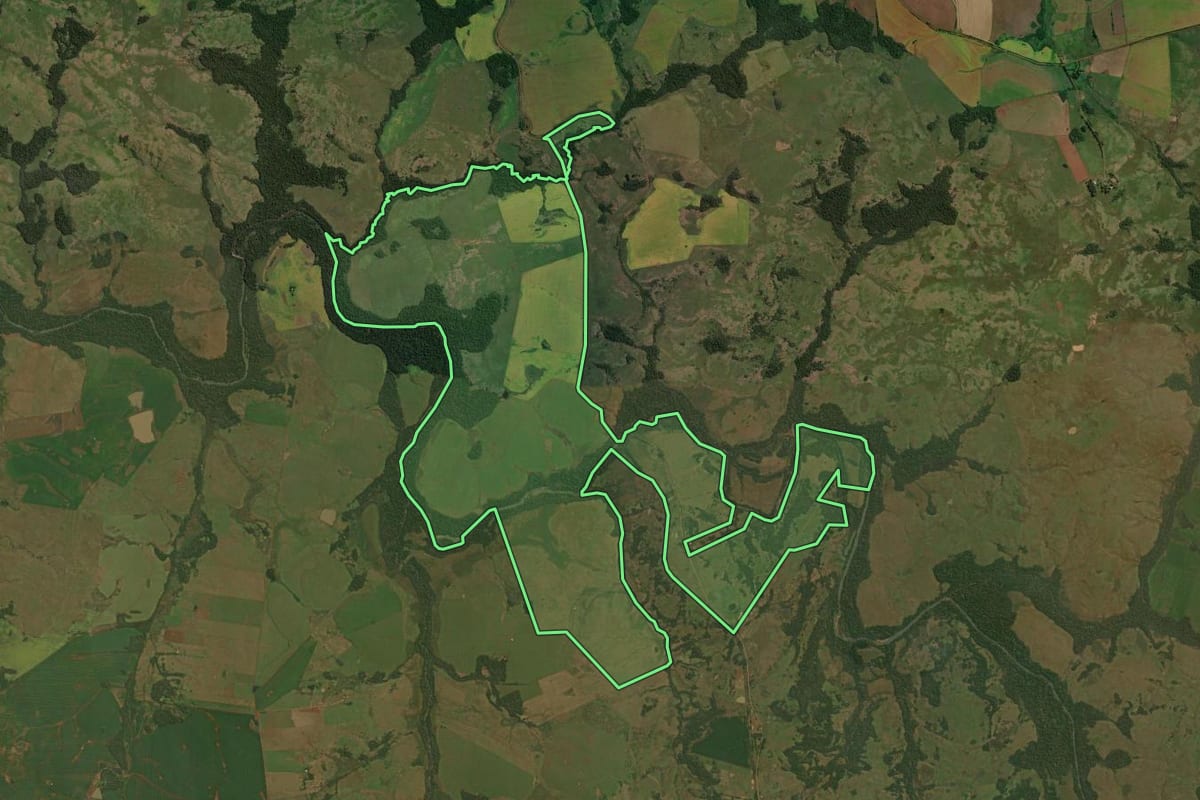 Imagem de satélite do imóvel rural em Bossoroca (RS), com o contorno declarado no CAR desenhado por cima.