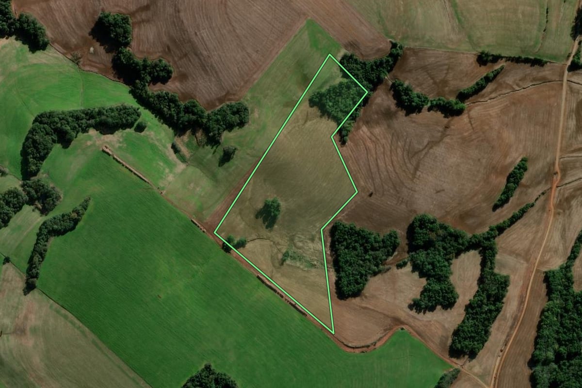 Imagem de satélite do imóvel rural em Bozano (RS), com o contorno declarado no CAR desenhado por cima.