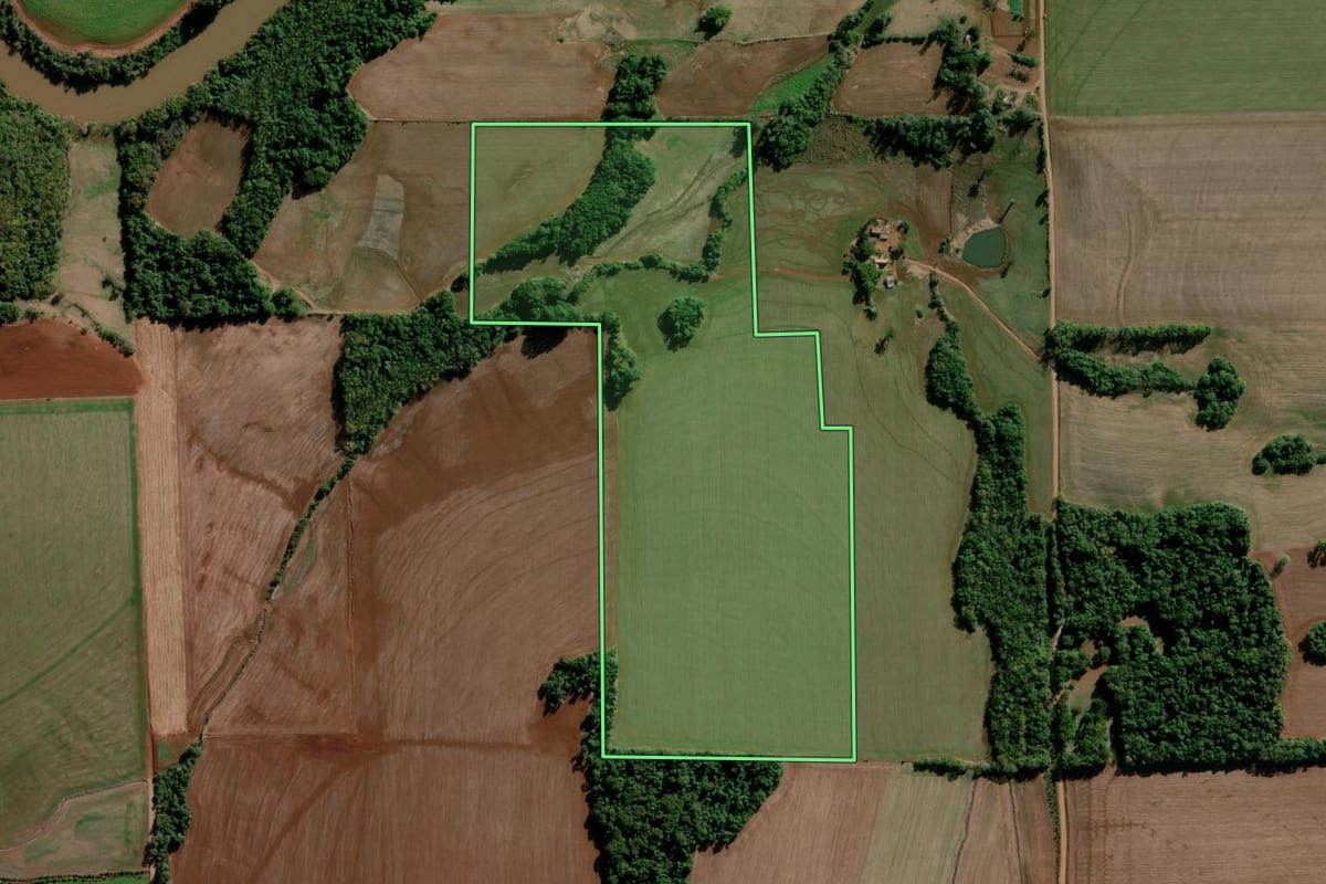 Imagem de satélite do imóvel rural em Bozano (RS), com o contorno declarado no CAR desenhado por cima.
