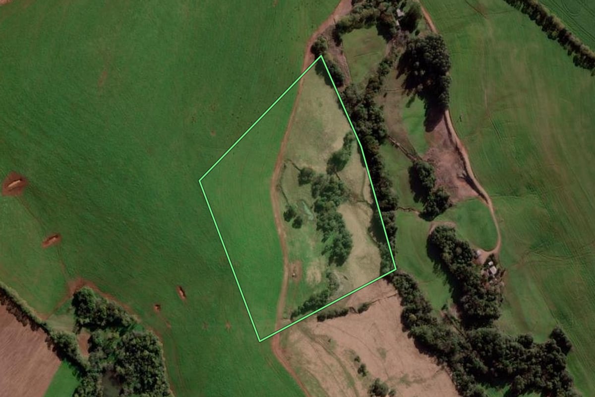 Imagem de satélite do imóvel rural em Bozano (RS), com o contorno declarado no CAR desenhado por cima.