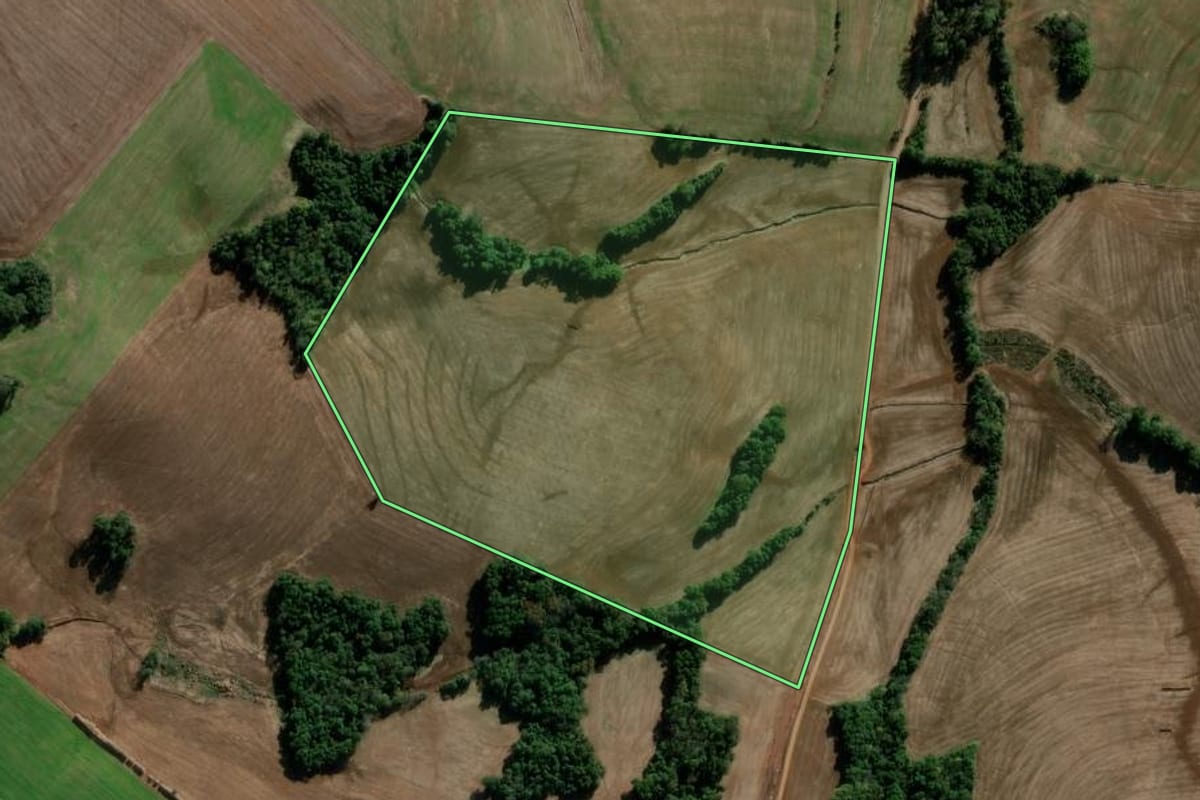 Imagem de satélite do imóvel rural em Bozano (RS), com o contorno declarado no CAR desenhado por cima.