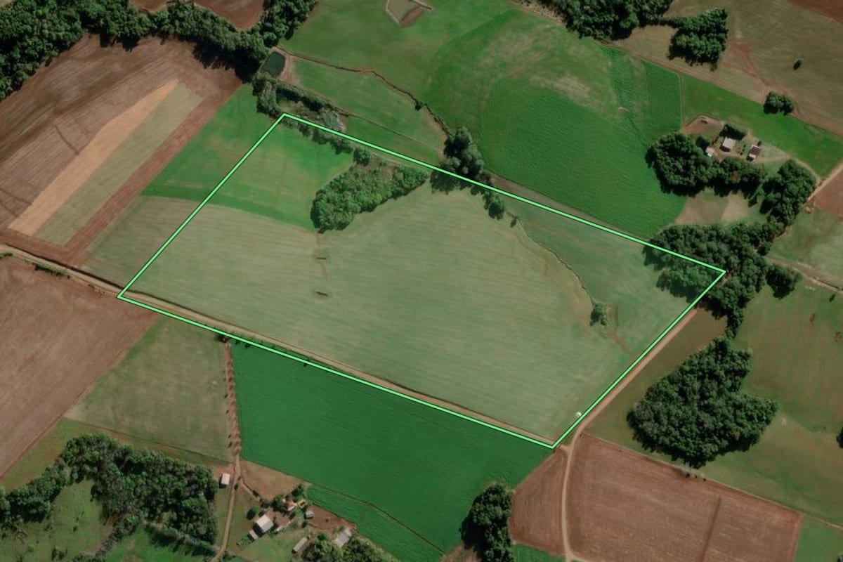 Imagem de satélite do imóvel rural em Bozano (RS), com o contorno declarado no CAR desenhado por cima.