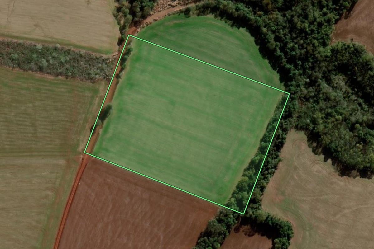 Imagem de satélite do imóvel rural em Bozano (RS), com o contorno declarado no CAR desenhado por cima.