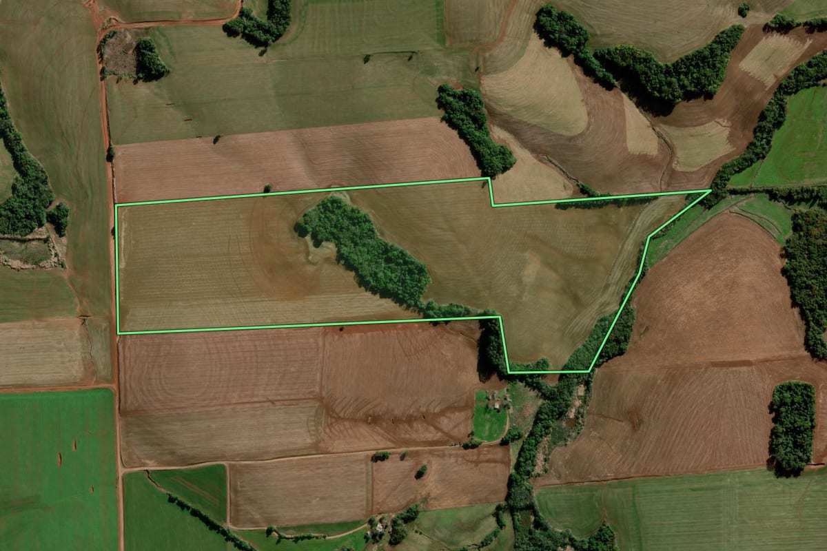 Imagem de satélite do imóvel rural em Bozano (RS), com o contorno declarado no CAR desenhado por cima.