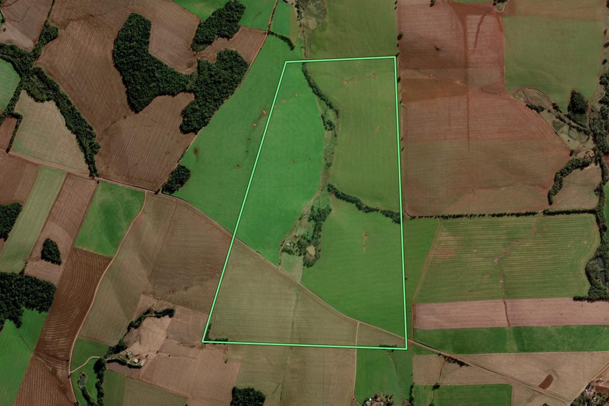 Imagem de satélite do imóvel rural em Bozano (RS), com o contorno declarado no CAR desenhado por cima.