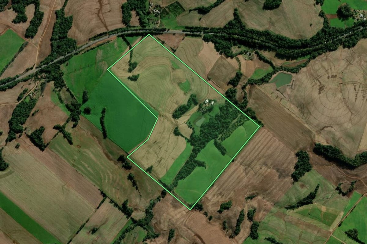 Imagem de satélite do imóvel rural em Bozano (RS), com o contorno declarado no CAR desenhado por cima.