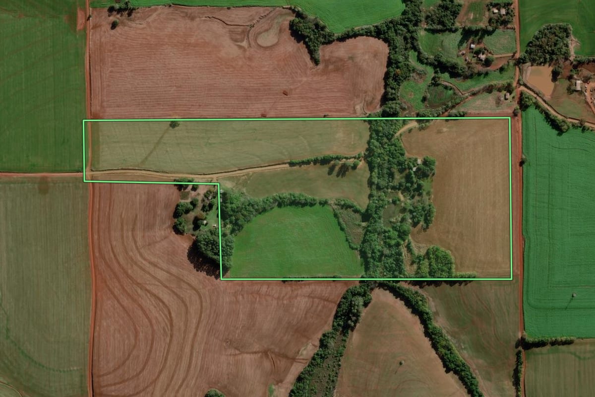 Imagem de satélite do imóvel rural em Bozano (RS), com o contorno declarado no CAR desenhado por cima.