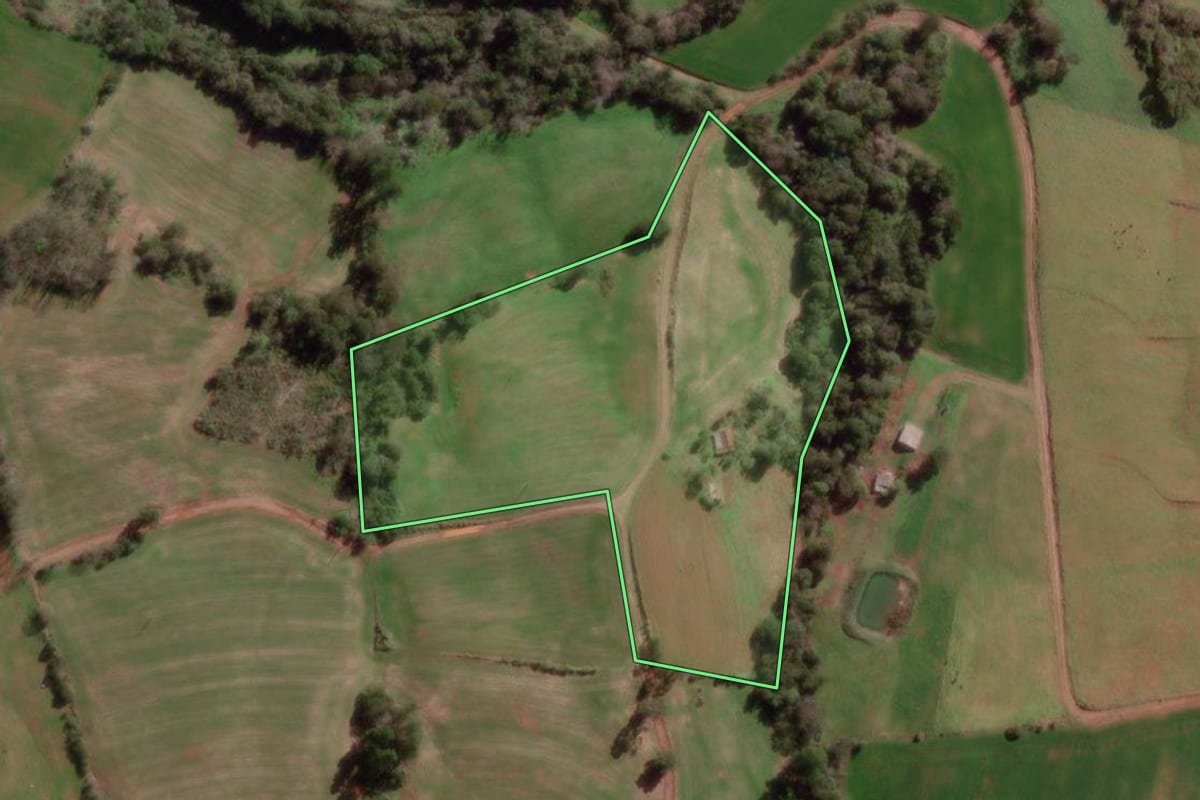 Imagem de satélite do imóvel rural em Braga (RS), com o contorno declarado no CAR desenhado por cima.