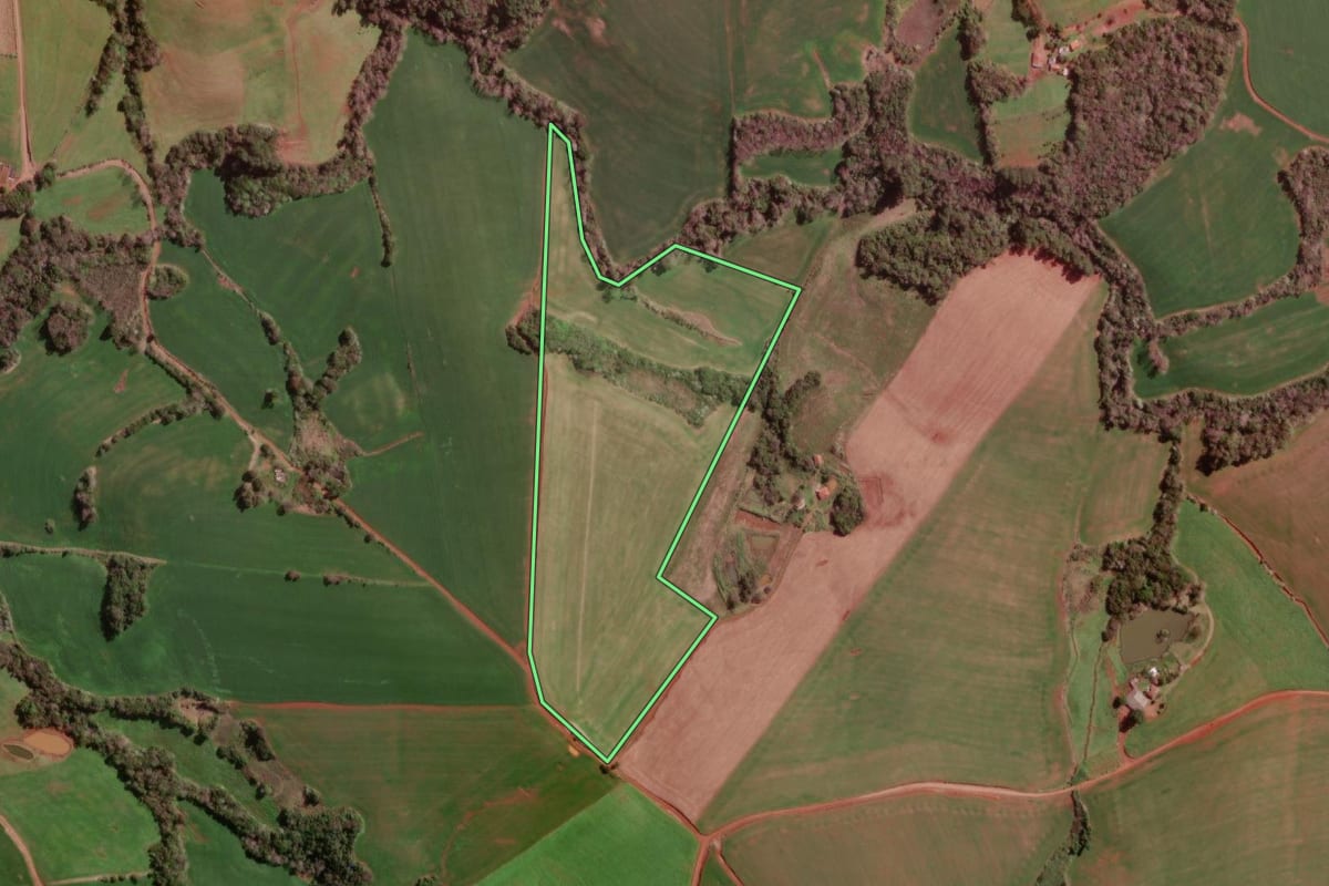 Imagem de satélite do imóvel rural em Braga (RS), com o contorno declarado no CAR desenhado por cima.