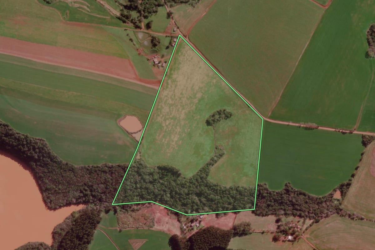 Imagem de satélite do imóvel rural em Braga (RS), com o contorno declarado no CAR desenhado por cima.