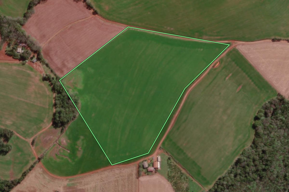 Imagem de satélite do imóvel rural em Braga (RS), com o contorno declarado no CAR desenhado por cima.