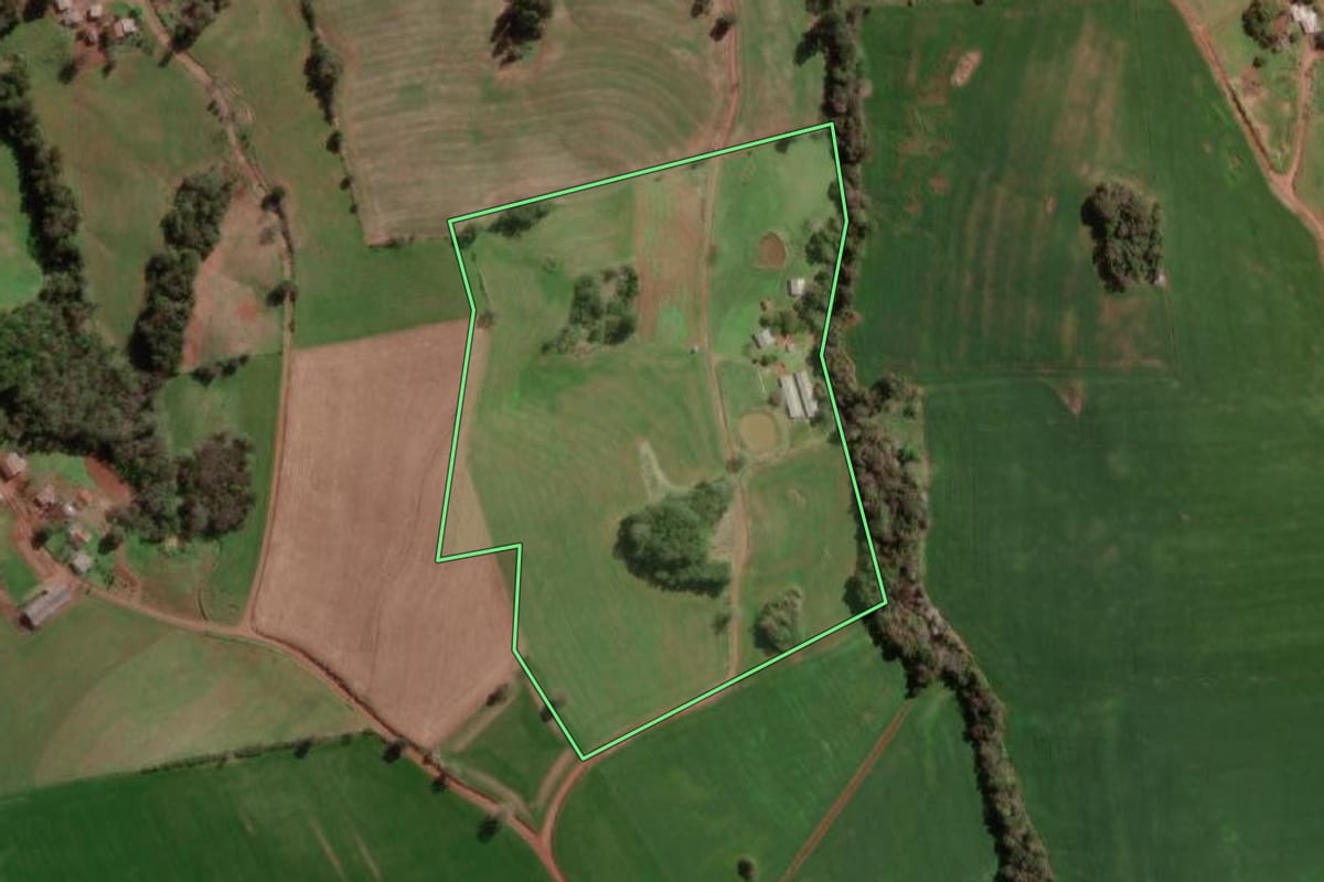 Imagem de satélite do imóvel rural em Braga (RS), com o contorno declarado no CAR desenhado por cima.