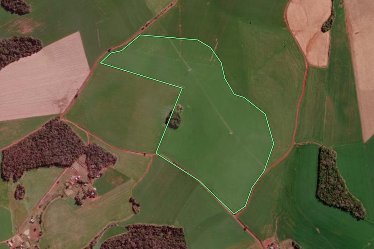 Imagem de satélite do imóvel rural em Braga (RS), com o contorno declarado no CAR desenhado por cima.