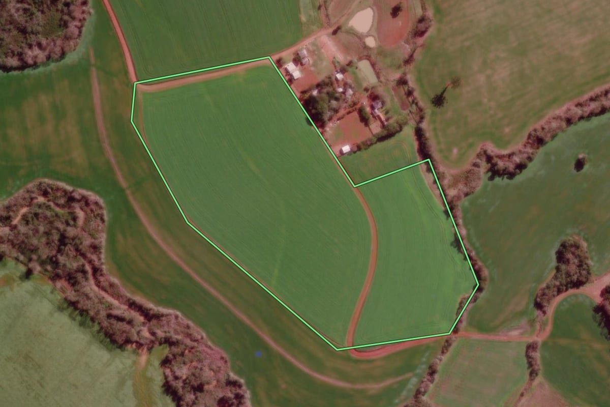 Imagem de satélite do imóvel rural em Braga (RS), com o contorno declarado no CAR desenhado por cima.