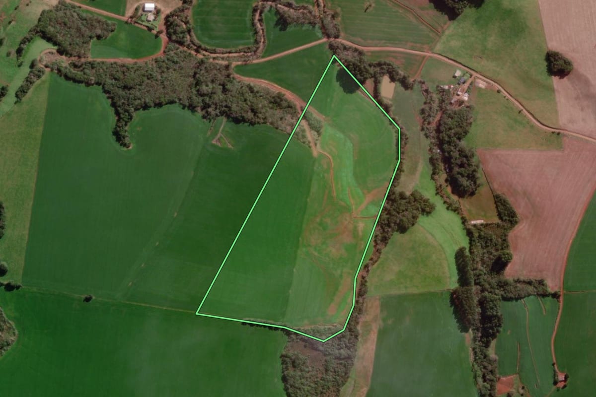 Imagem de satélite do imóvel rural em Braga (RS), com o contorno declarado no CAR desenhado por cima.