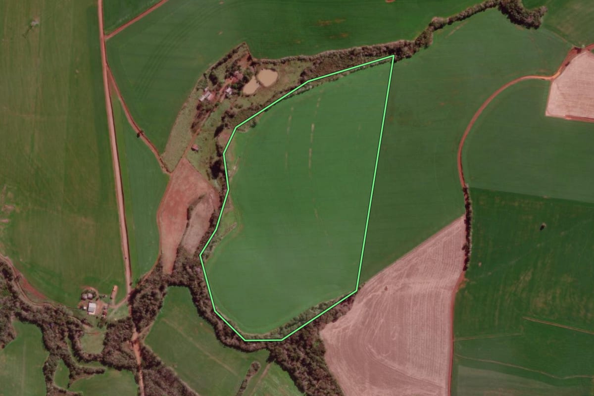 Imagem de satélite do imóvel rural em Braga (RS), com o contorno declarado no CAR desenhado por cima.