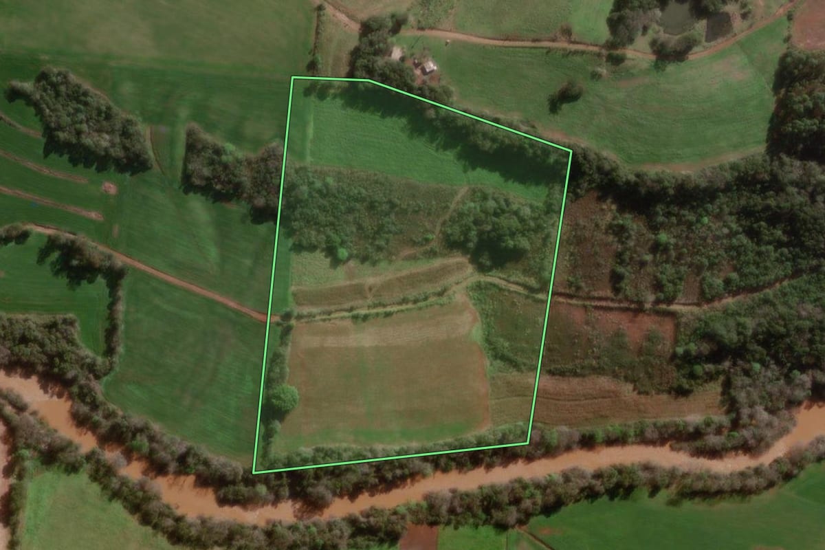 Imagem de satélite do imóvel rural em Braga (RS), com o contorno declarado no CAR desenhado por cima.