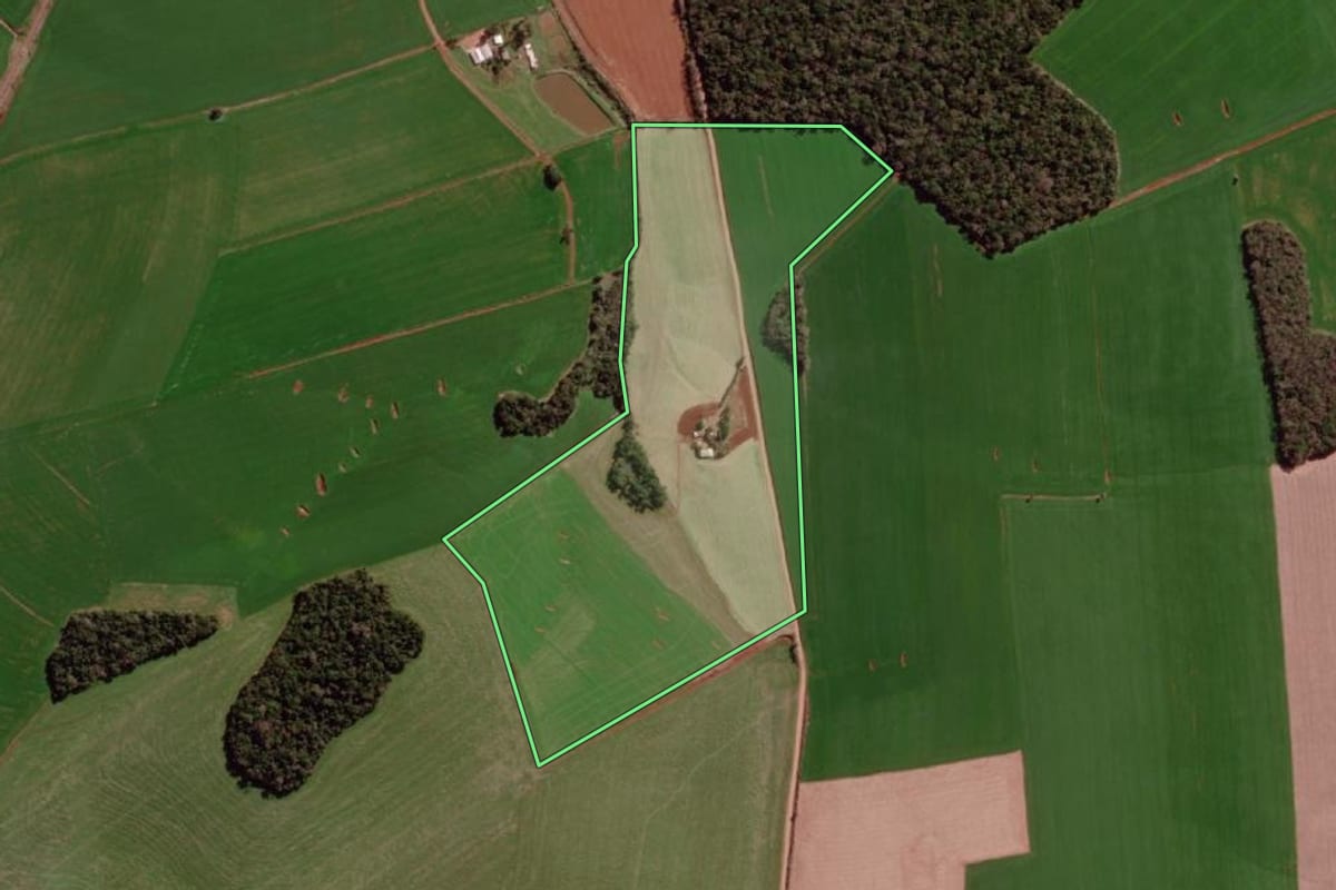 Imagem de satélite do imóvel rural em Braga (RS), com o contorno declarado no CAR desenhado por cima.