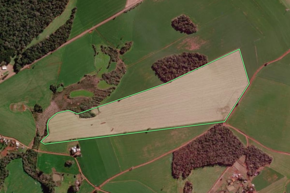 Imagem de satélite do imóvel rural em Braga (RS), com o contorno declarado no CAR desenhado por cima.