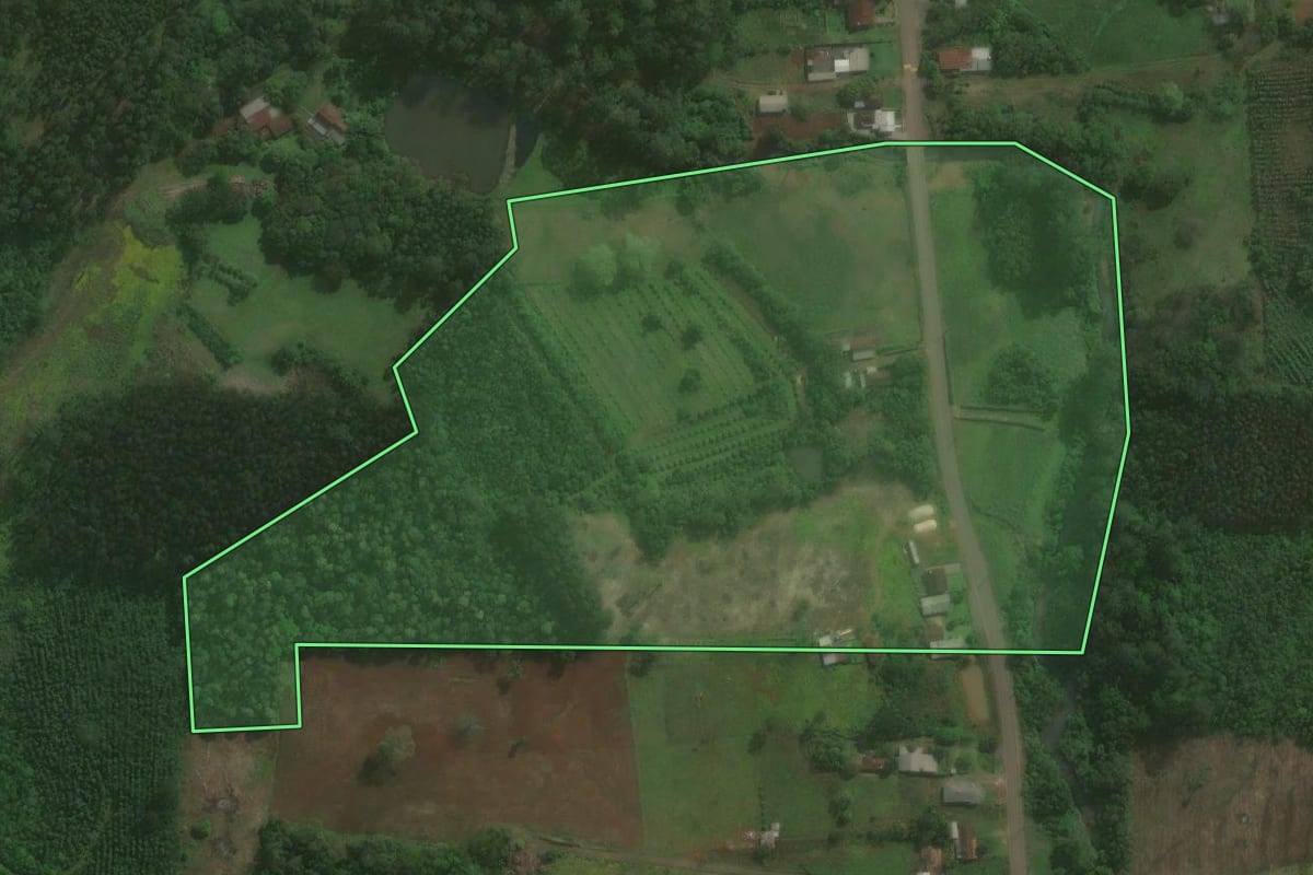 Imagem de satélite do imóvel rural em Brochier (RS), com o contorno declarado no CAR desenhado por cima.