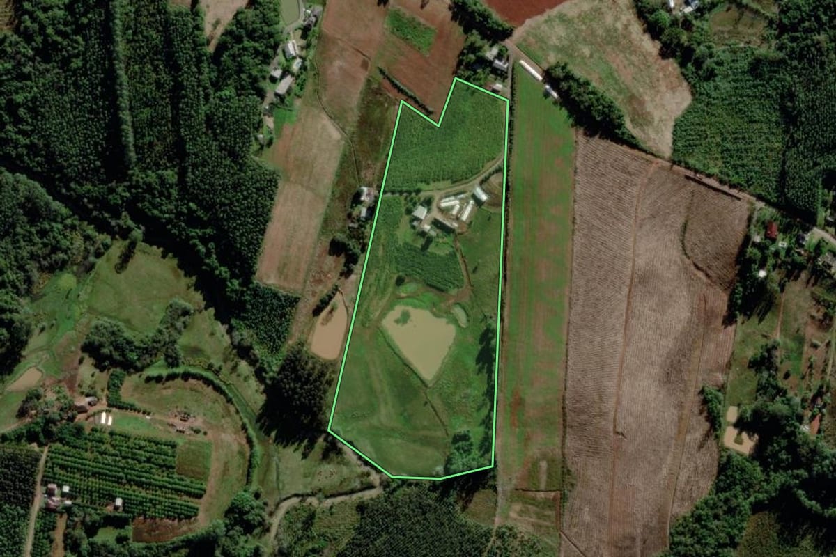 Imagem de satélite do imóvel rural em Brochier (RS), com o contorno declarado no CAR desenhado por cima.
