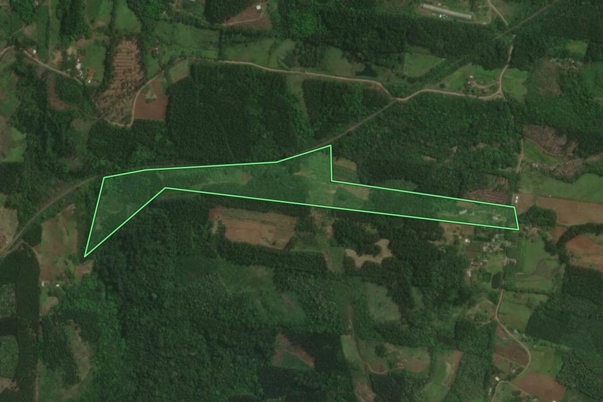 Imagem de satélite do imóvel rural em Brochier (RS), com o contorno declarado no CAR desenhado por cima.