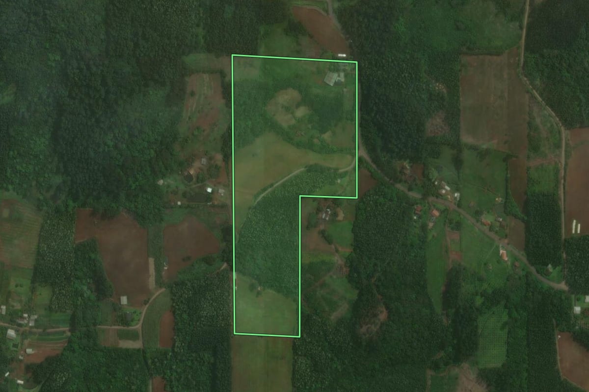 Imagem de satélite do imóvel rural em Brochier (RS), com o contorno declarado no CAR desenhado por cima.