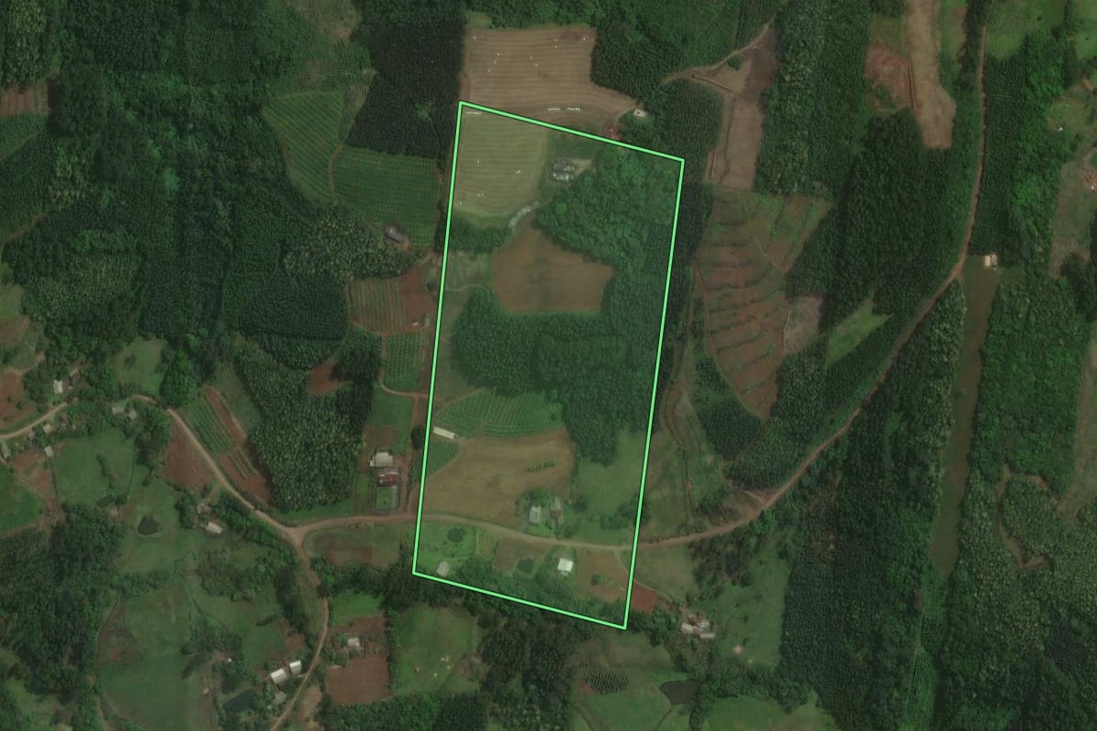Imagem de satélite do imóvel rural em Brochier (RS), com o contorno declarado no CAR desenhado por cima.