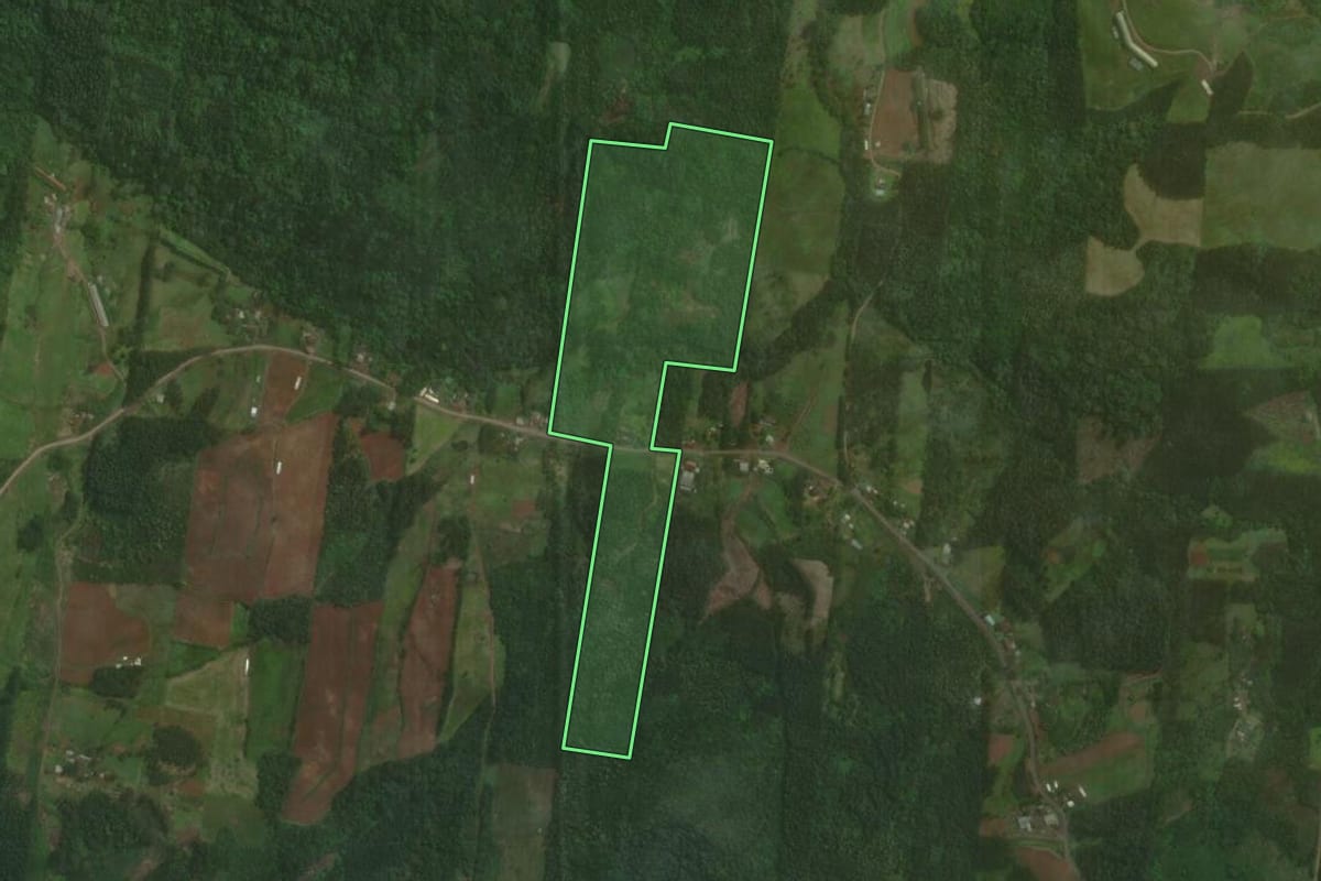 Imagem de satélite do imóvel rural em Brochier (RS), com o contorno declarado no CAR desenhado por cima.